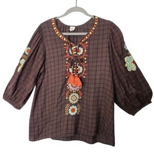 Ivy Jane Embroidered Floral Plaid Peasant Top‎ XS Brown Boho Tassel 100% Cotton